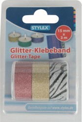 Set 3 benzi adezive cu glitter(sclipici) 15mm x 3 m-2 culori uni+1 alb negru